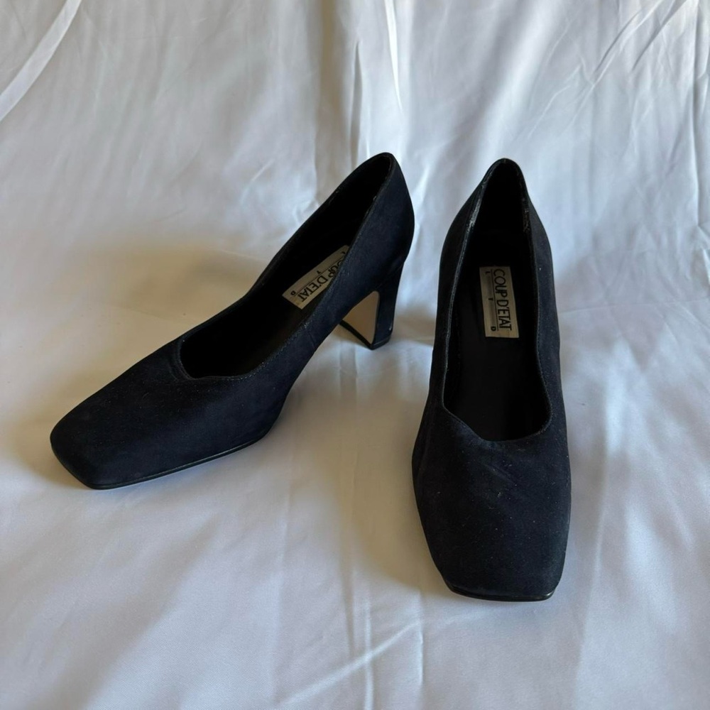 navy blue classic suede square toe heels